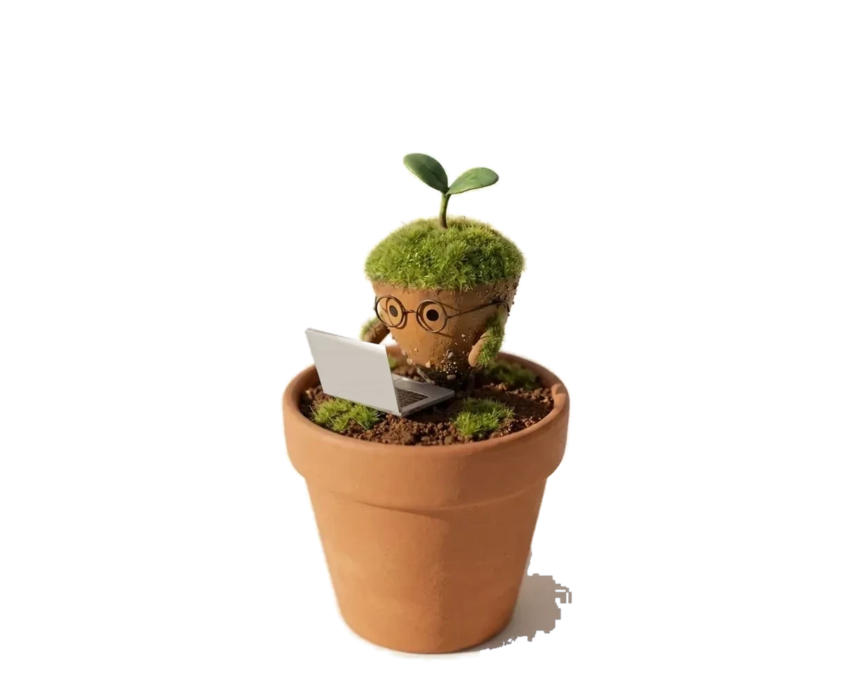 The assistant at its laptop in a small flowerpot from home