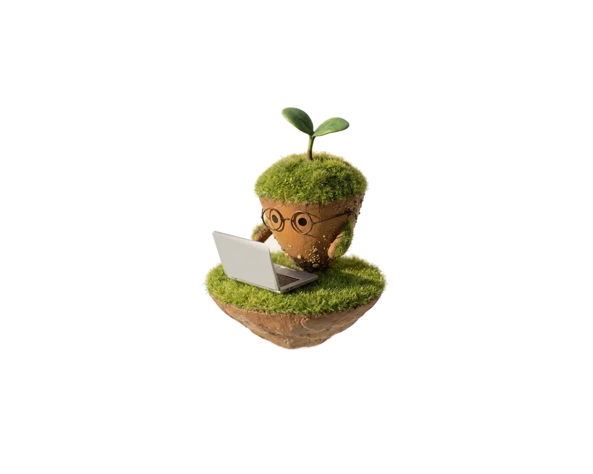 The assistant at its laptop on a small floating plot of grass